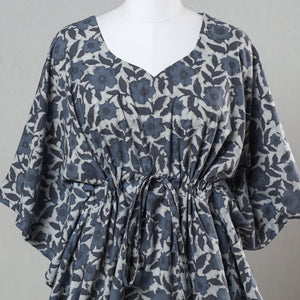 Blue - Bagru Block Printed Cotton Kaftan with Tie-Up Waist (Short)