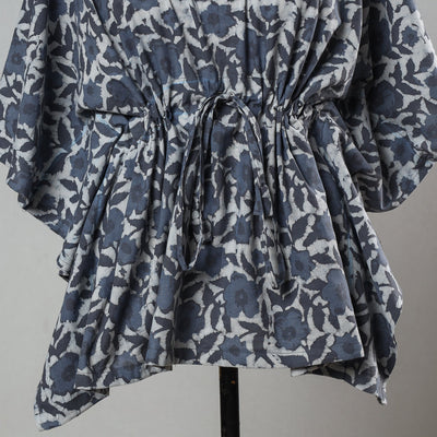 Blue - Bagru Block Printed Cotton Kaftan with Tie-Up Waist (Short)