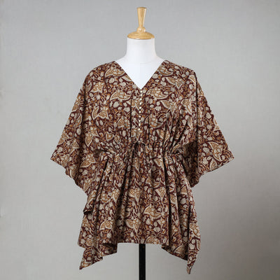 Brown - Bagru Block Printed Cotton Kaftan with Tie-Up Waist (Short)