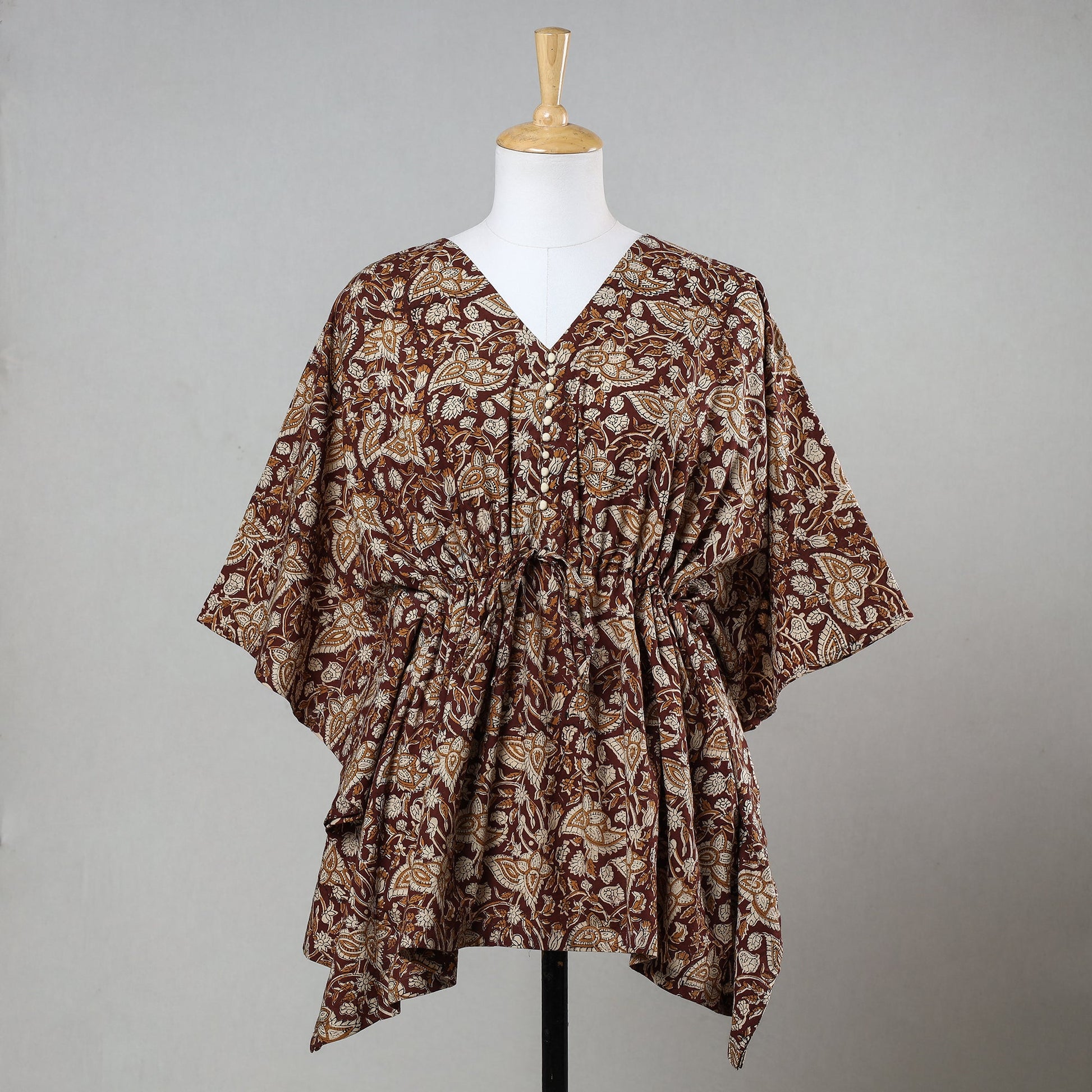 Brown - Bagru Block Printed Cotton Kaftan with Tie-Up Waist (Short)