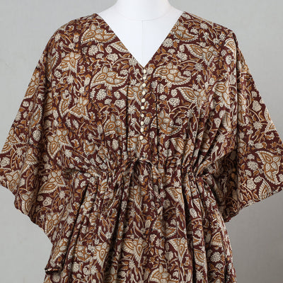 Brown - Bagru Block Printed Cotton Kaftan with Tie-Up Waist (Short)