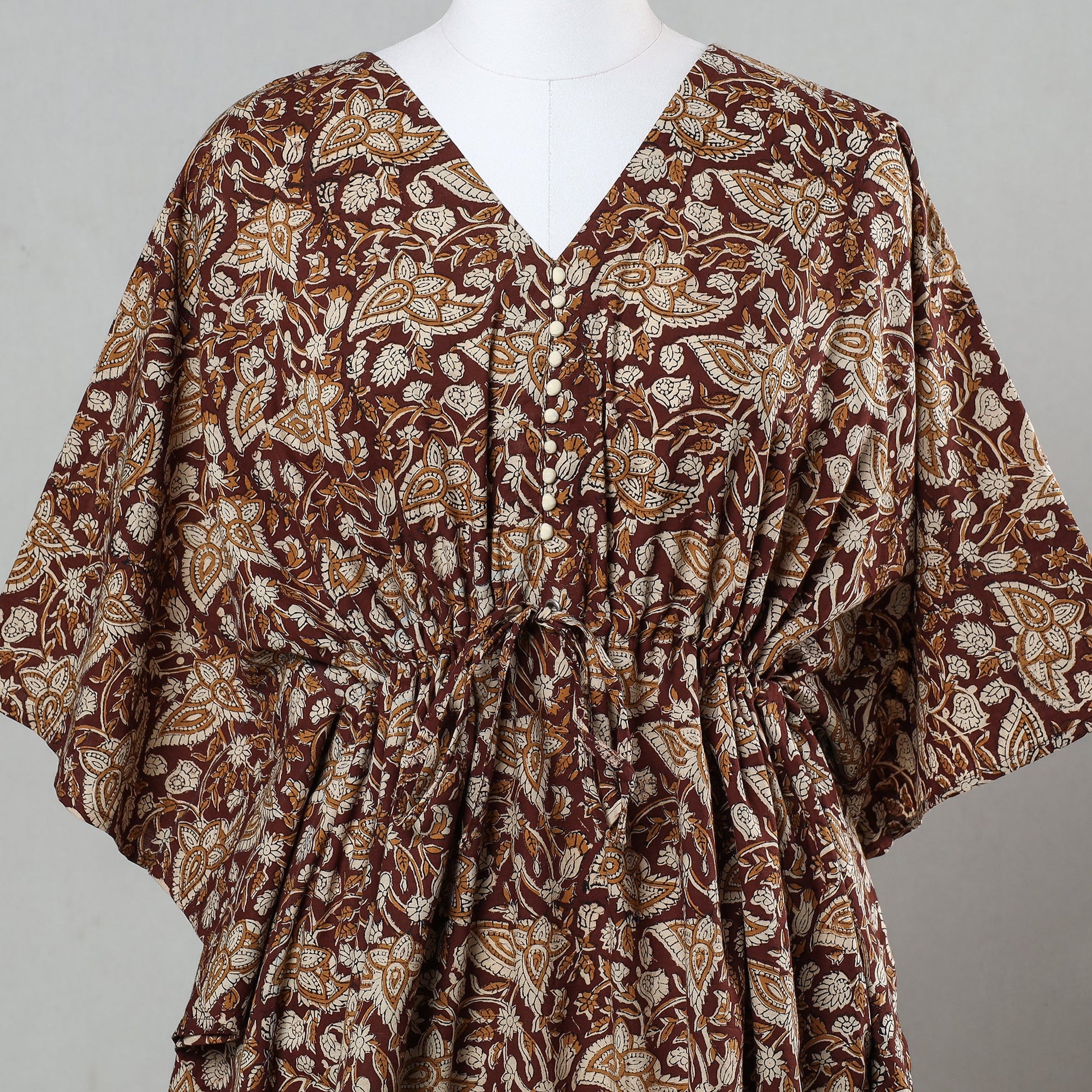 Brown - Bagru Block Printed Cotton Kaftan with Tie-Up Waist (Short)
