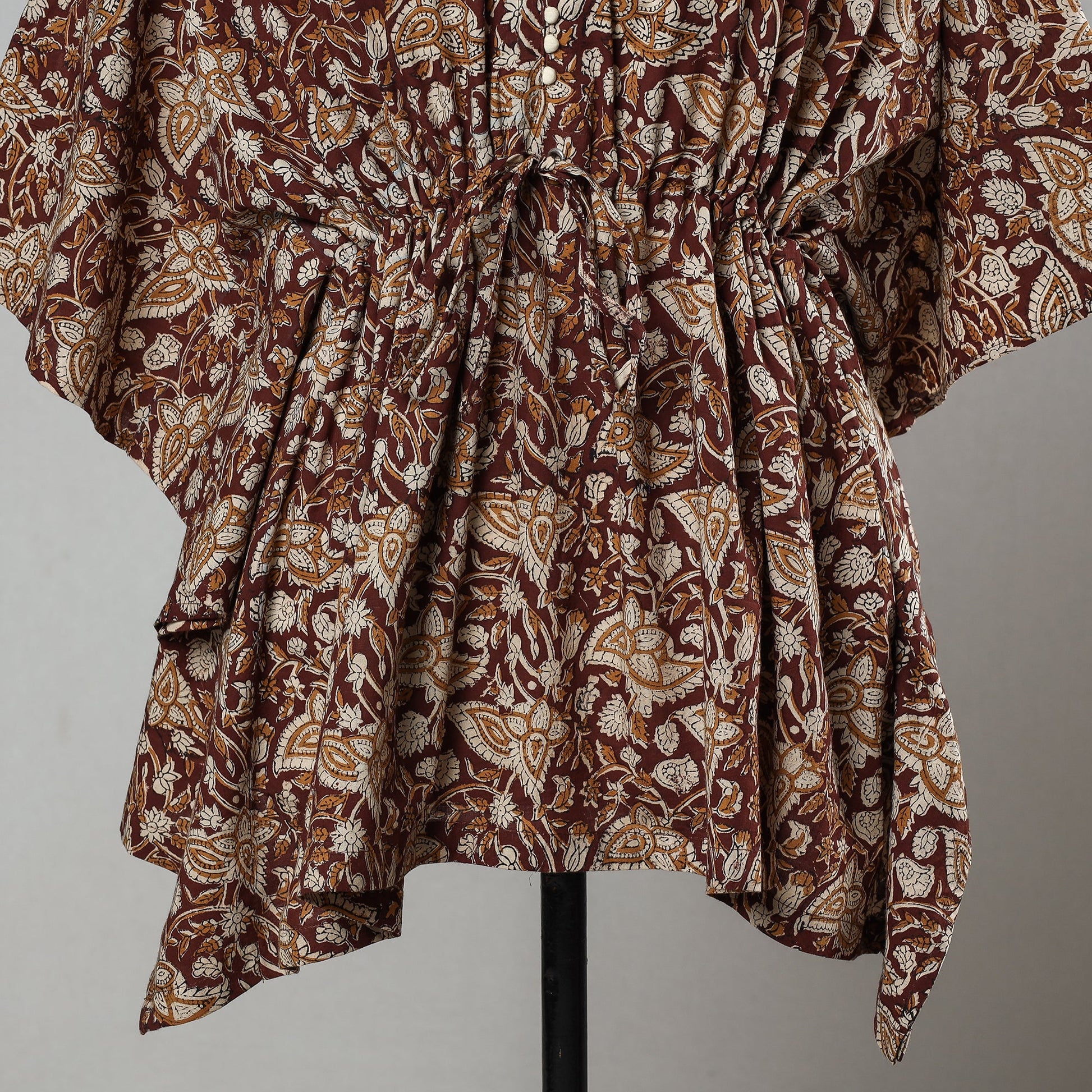 Brown - Bagru Block Printed Cotton Kaftan with Tie-Up Waist (Short)