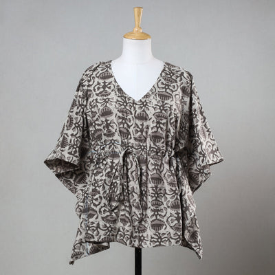 Brown - Bagru Block Printed Cotton Kaftan with Tie-Up Waist (Short)