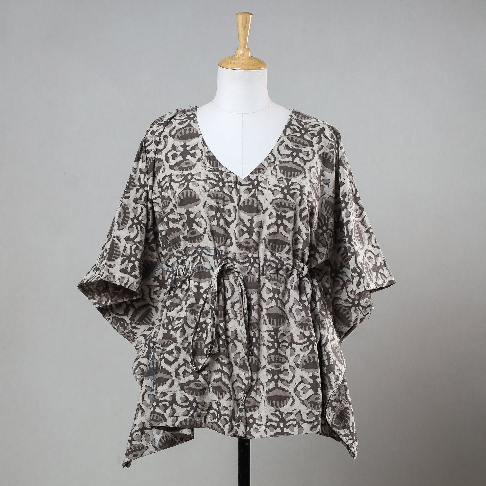 Brown - Bagru Block Printed Cotton Kaftan with Tie-Up Waist (Short)