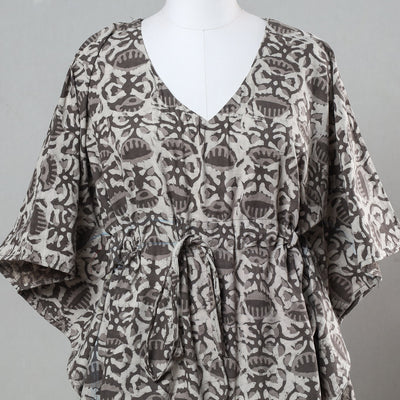 Brown - Bagru Block Printed Cotton Kaftan with Tie-Up Waist (Short)