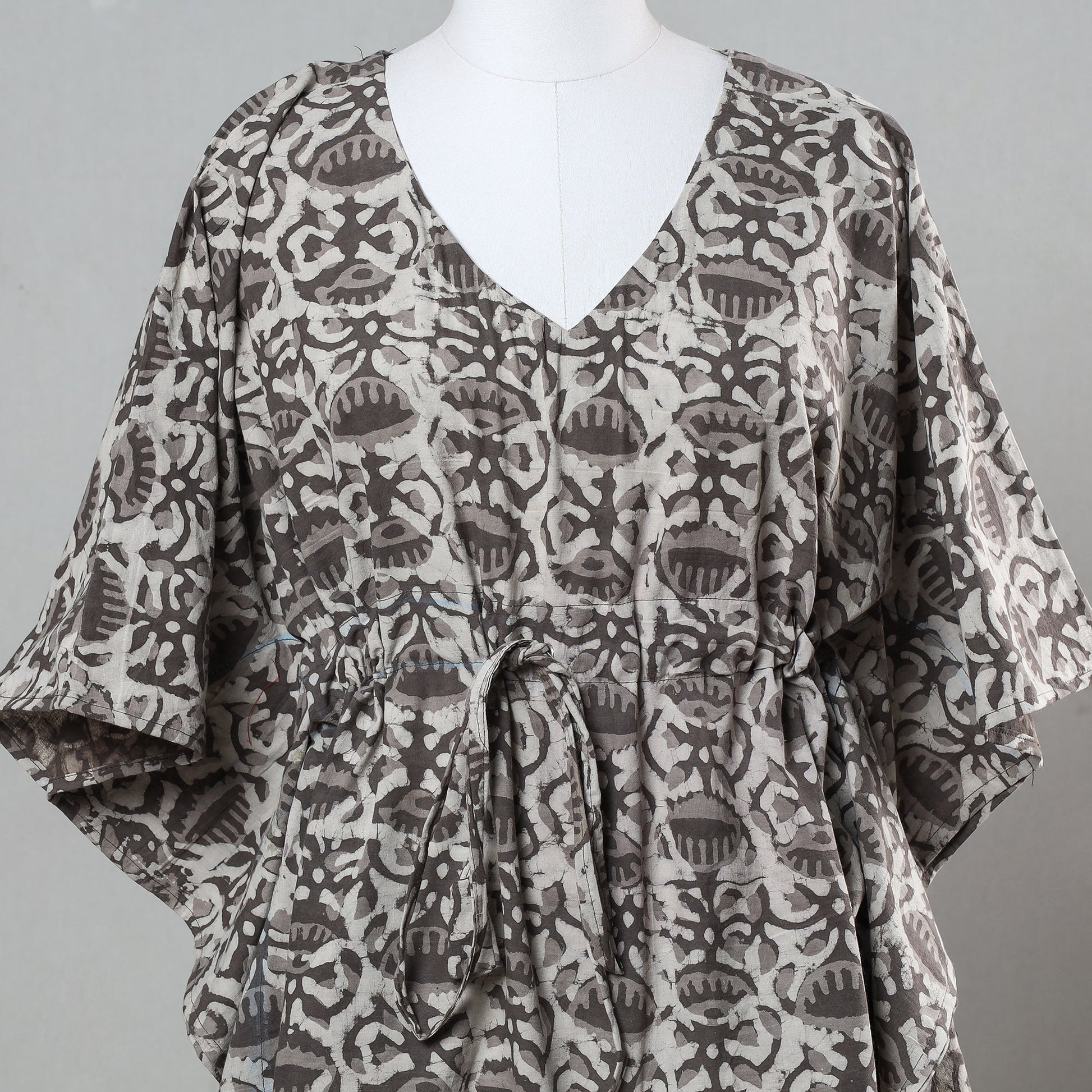 Brown - Bagru Block Printed Cotton Kaftan with Tie-Up Waist (Short)