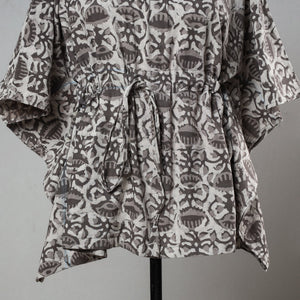 Brown - Bagru Block Printed Cotton Kaftan with Tie-Up Waist (Short)