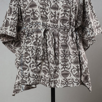 Brown - Bagru Block Printed Cotton Kaftan with Tie-Up Waist (Short)