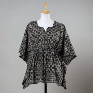 Black - Bagru Block Printed Cotton Kaftan with Tie-Up Waist (Short)
