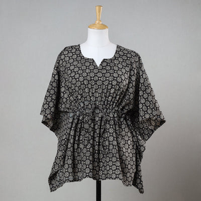 Black - Bagru Block Printed Cotton Kaftan with Tie-Up Waist (Short)