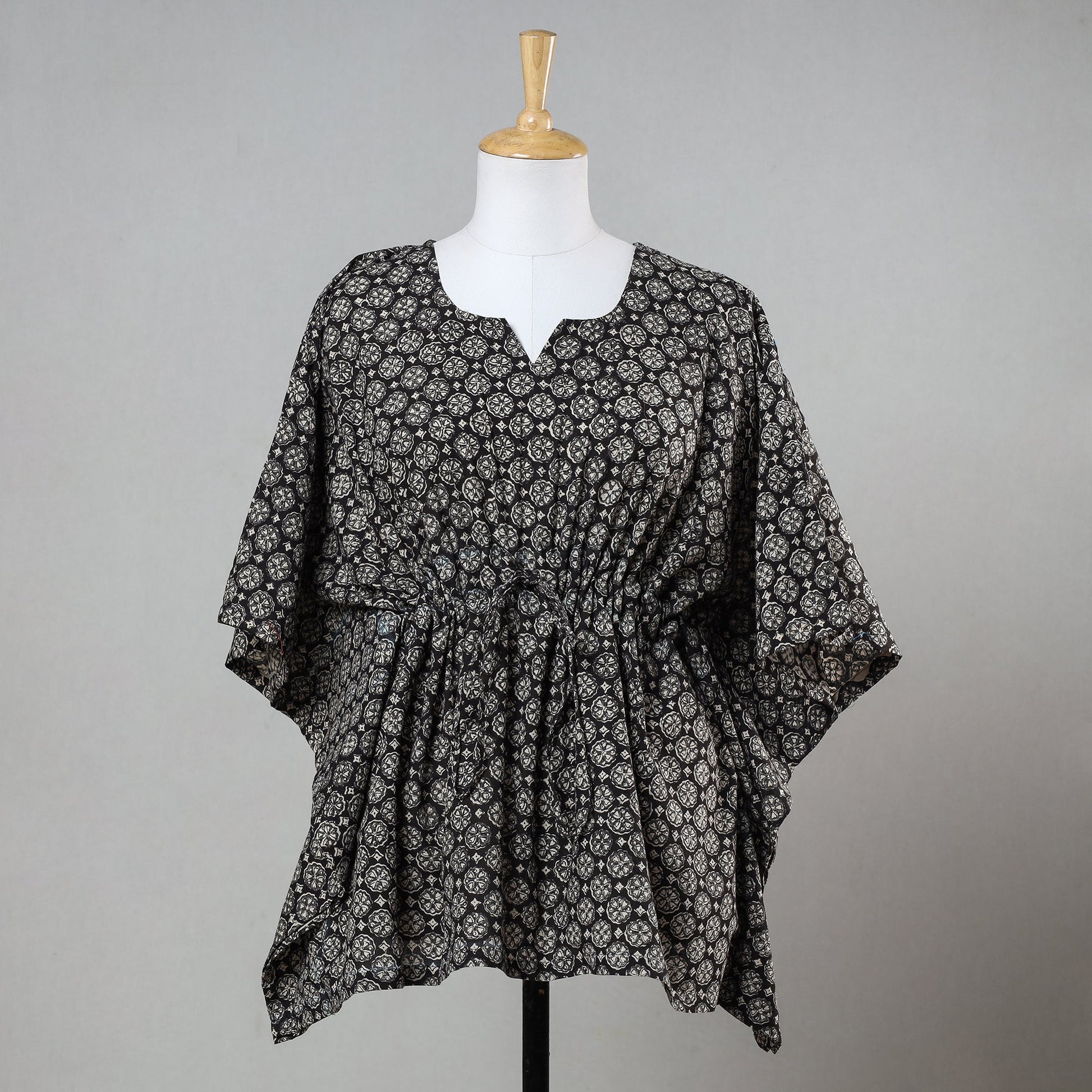 Black - Bagru Block Printed Cotton Kaftan with Tie-Up Waist (Short)