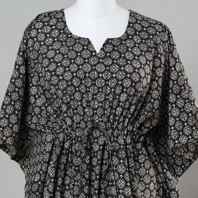 Black - Bagru Block Printed Cotton Kaftan with Tie-Up Waist (Short)