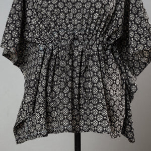 Black - Bagru Block Printed Cotton Kaftan with Tie-Up Waist (Short)