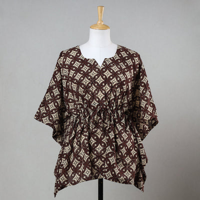 Brown - Bagru Block Printed Cotton Kaftan with Tie-Up Waist (Short)