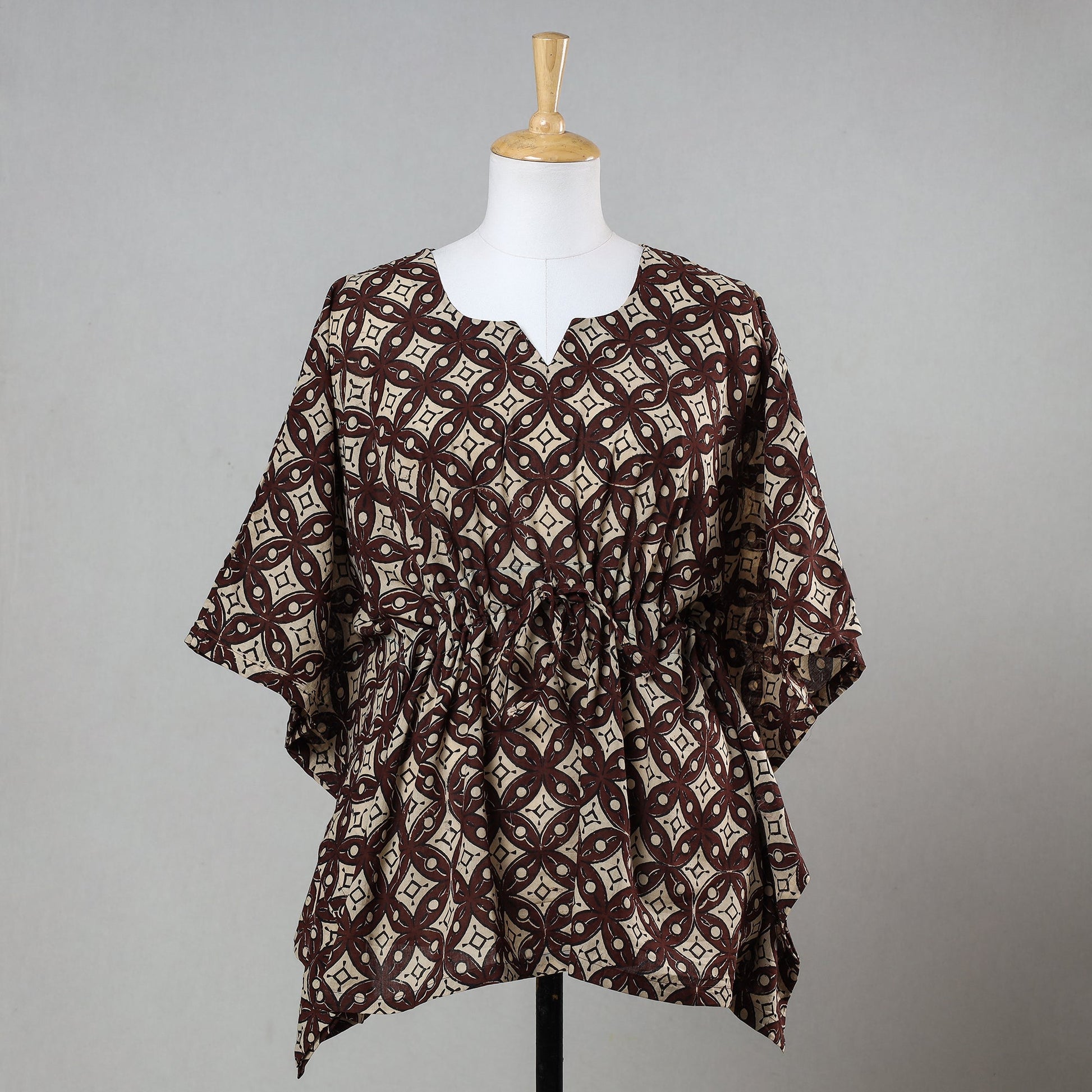 Brown - Bagru Block Printed Cotton Kaftan with Tie-Up Waist (Short)