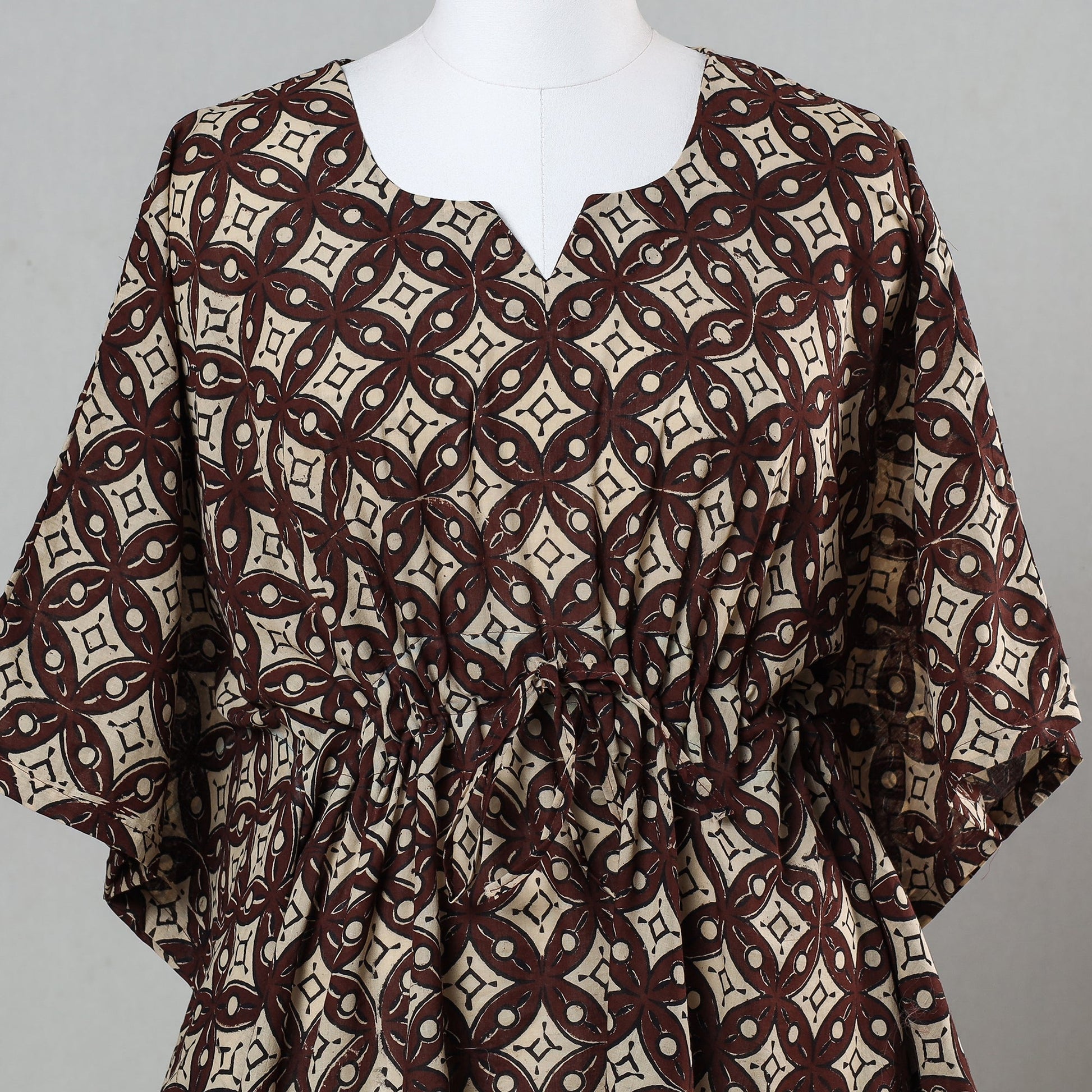 Brown - Bagru Block Printed Cotton Kaftan with Tie-Up Waist (Short)