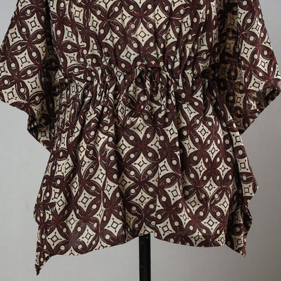 Brown - Bagru Block Printed Cotton Kaftan with Tie-Up Waist (Short)