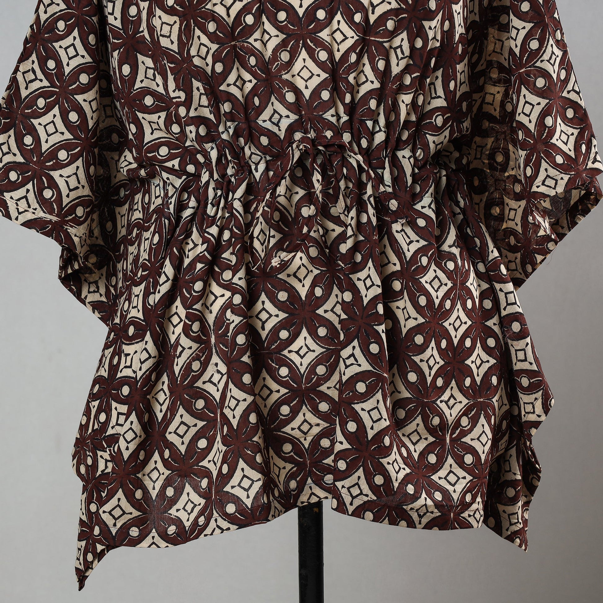 Brown - Bagru Block Printed Cotton Kaftan with Tie-Up Waist (Short)