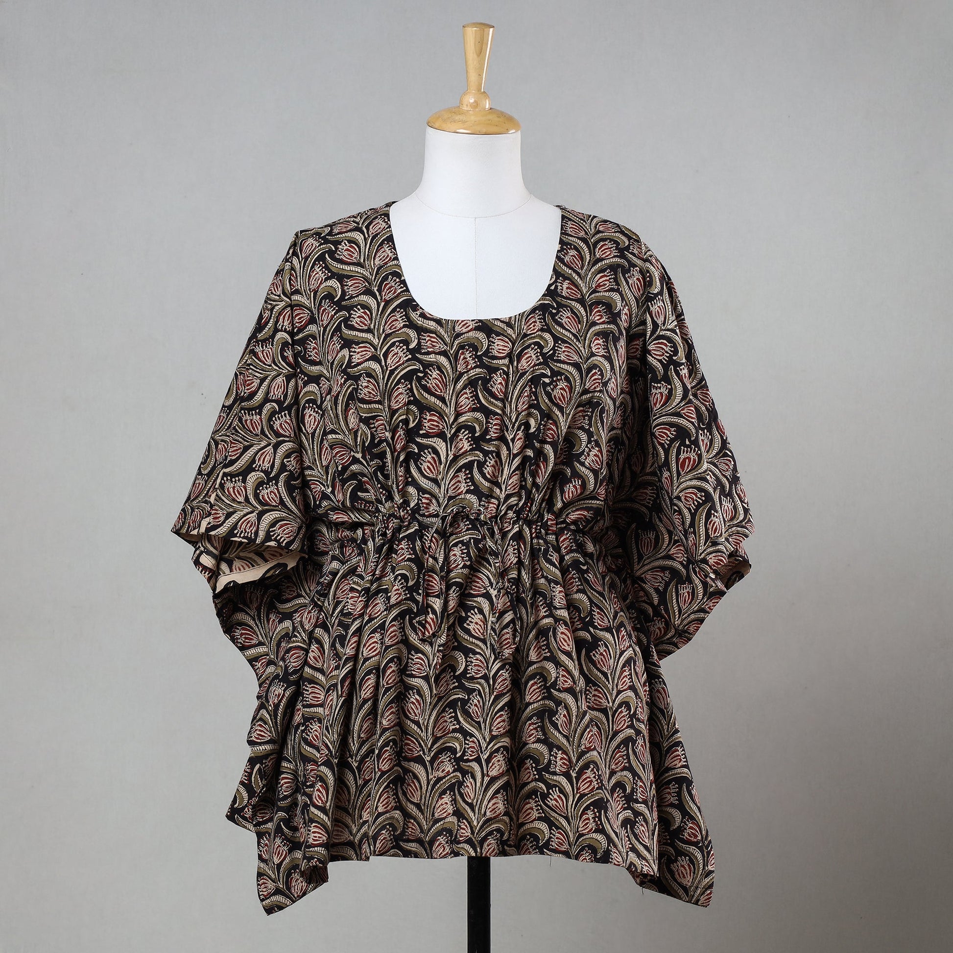 Black - Bagru Block Printed Cotton Kaftan with Tie-Up Waist (Short)
