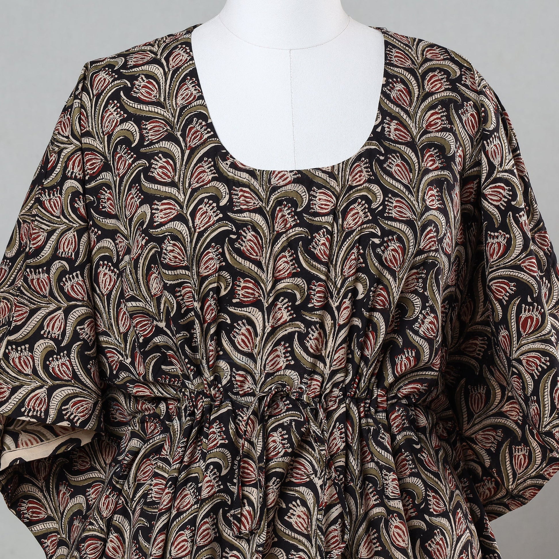 Black - Bagru Block Printed Cotton Kaftan with Tie-Up Waist (Short)