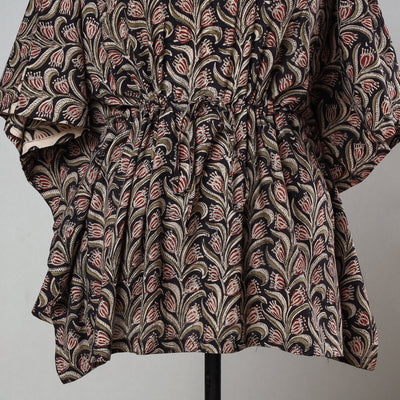 Black - Bagru Block Printed Cotton Kaftan with Tie-Up Waist (Short)