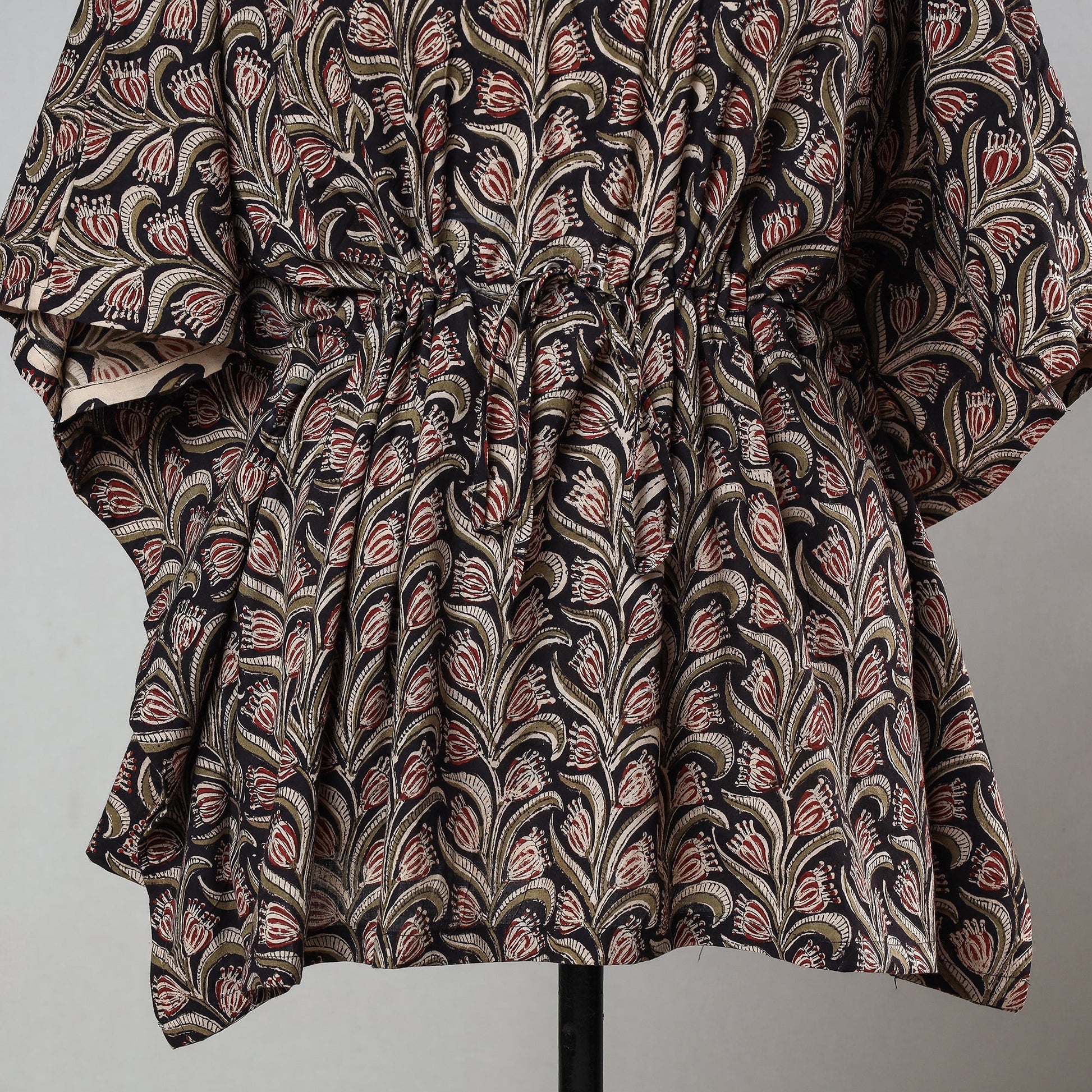 Black - Bagru Block Printed Cotton Kaftan with Tie-Up Waist (Short)