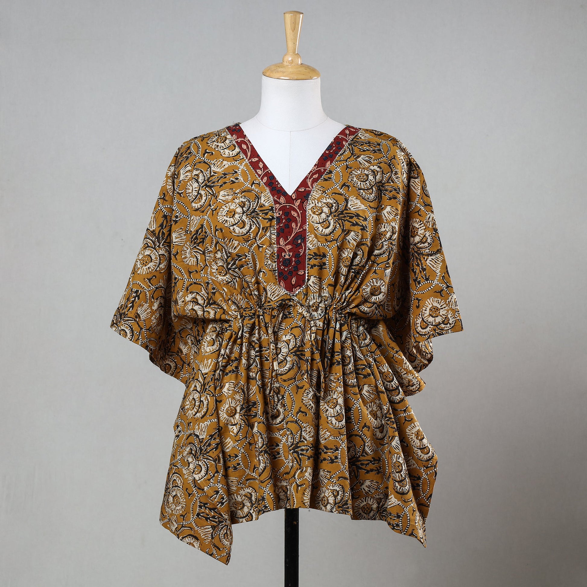 Brown - Bagru Block Printed Cotton Kaftan with Tie-Up Waist (Short)