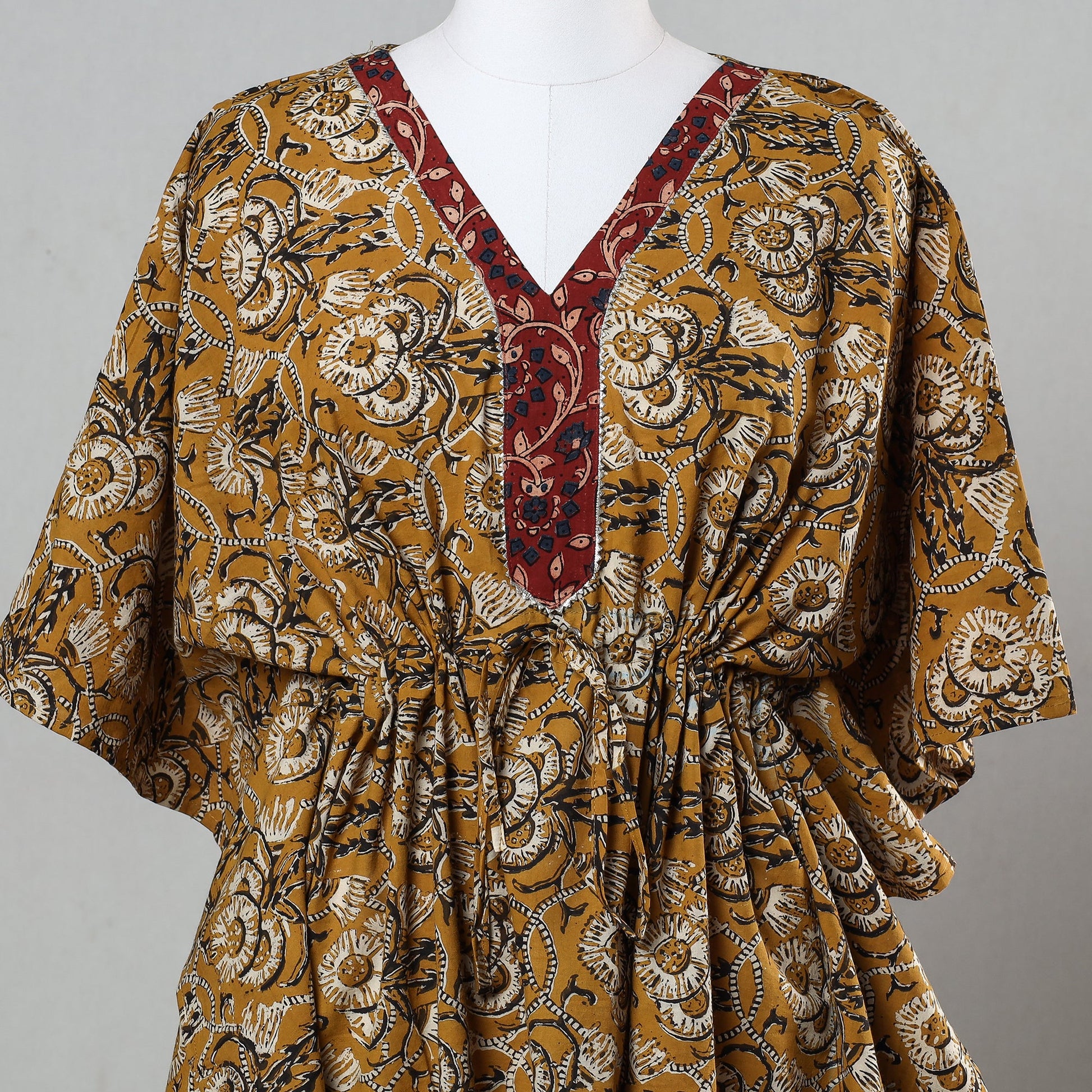 Brown - Bagru Block Printed Cotton Kaftan with Tie-Up Waist (Short)