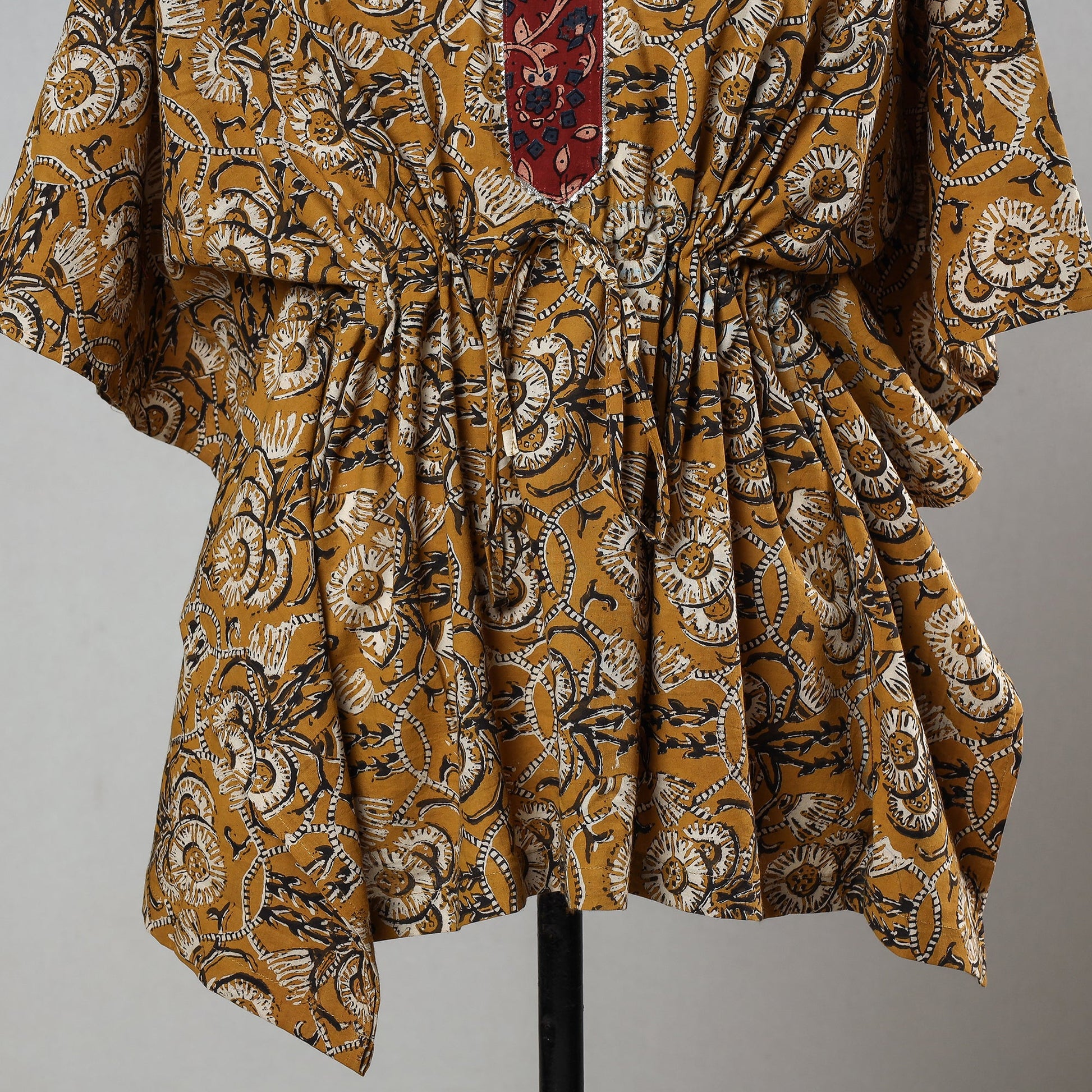 Brown - Bagru Block Printed Cotton Kaftan with Tie-Up Waist (Short)