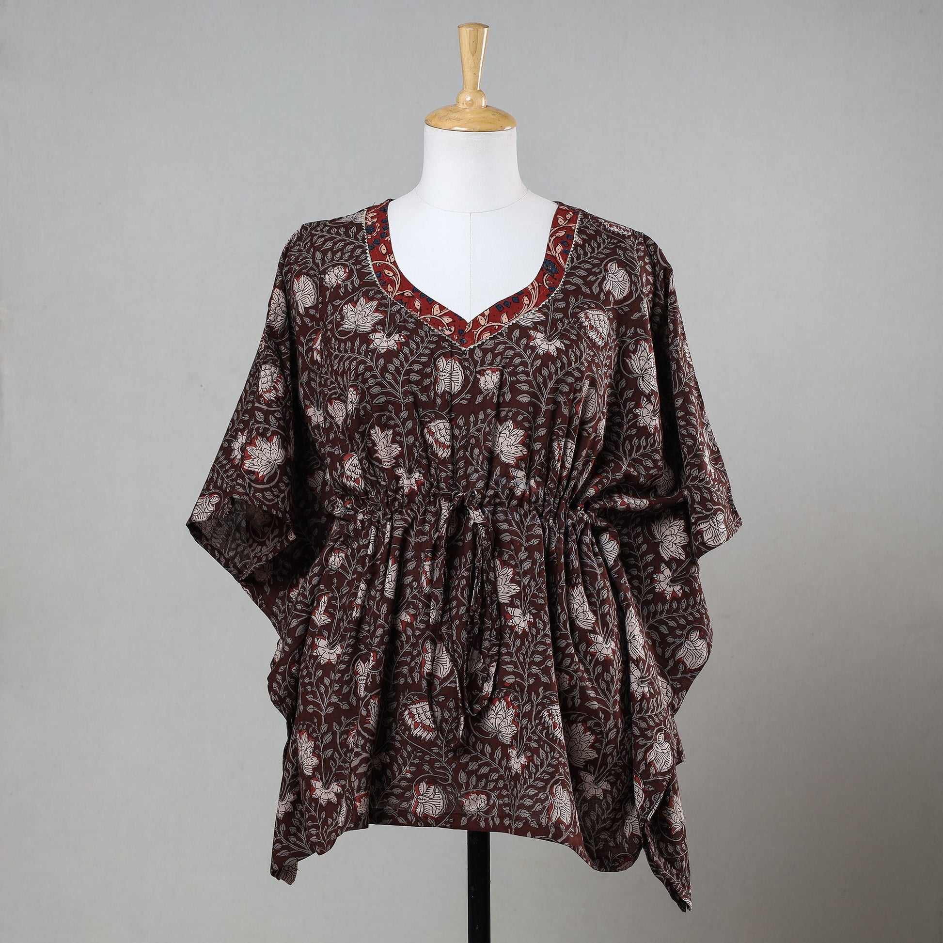 Brown - Bagru Block Printed Cotton Kaftan with Tie-Up Waist (Short)