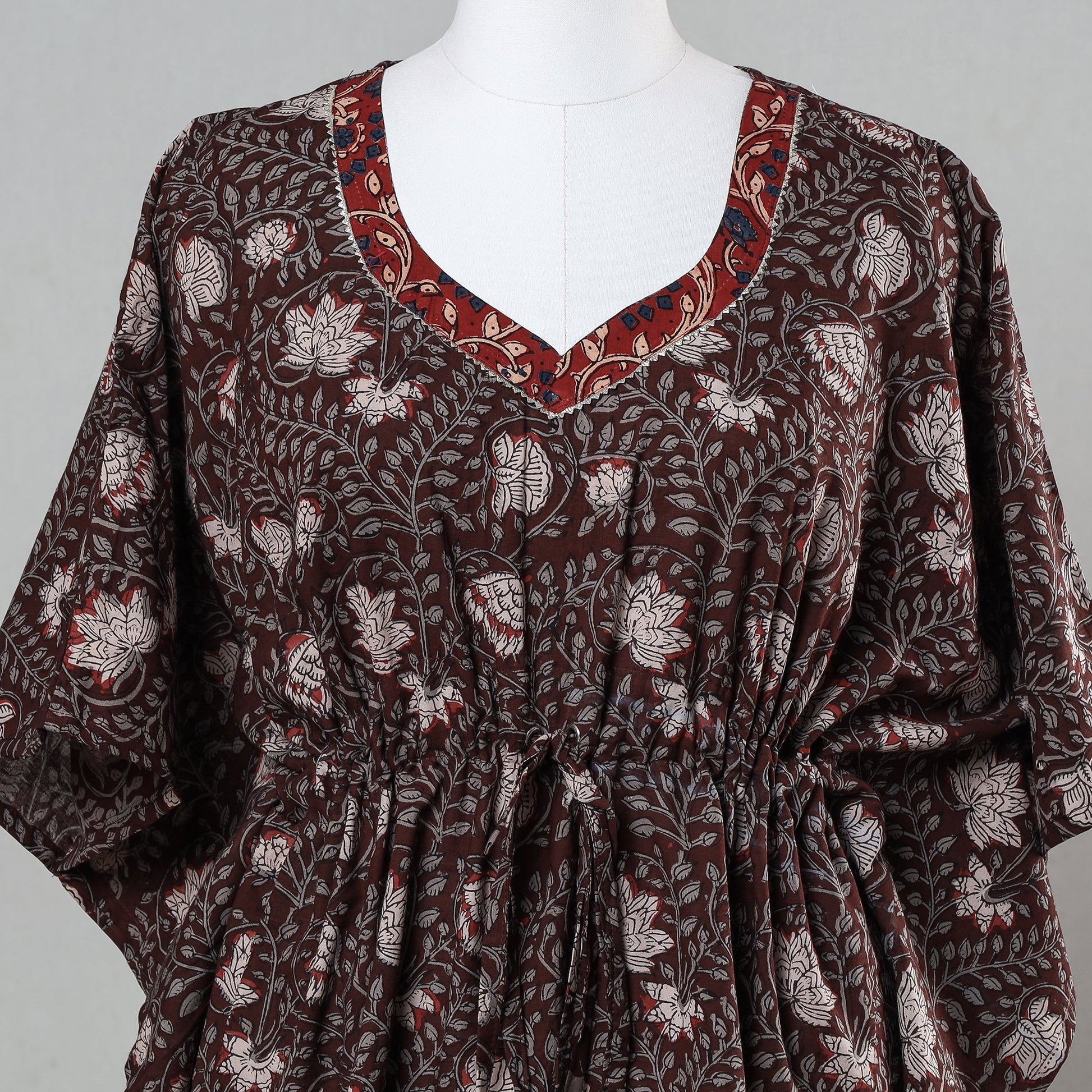 Brown - Bagru Block Printed Cotton Kaftan with Tie-Up Waist (Short)