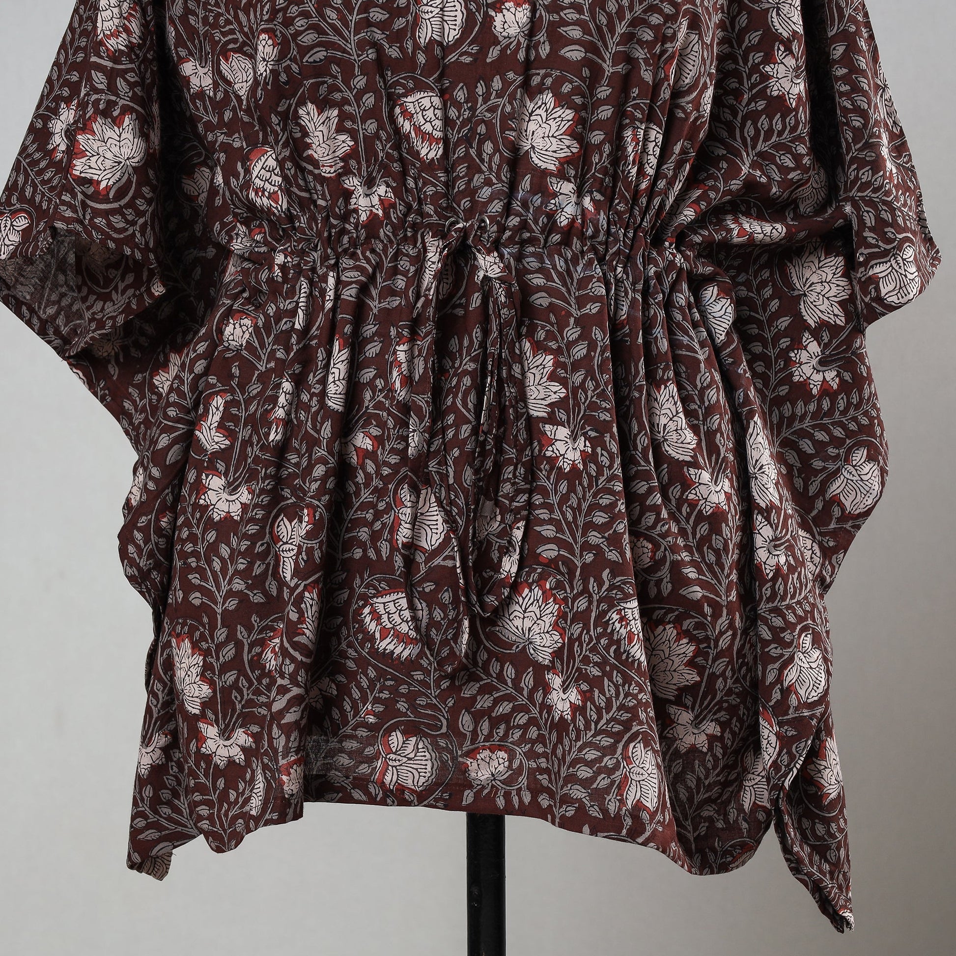 Brown - Bagru Block Printed Cotton Kaftan with Tie-Up Waist (Short)