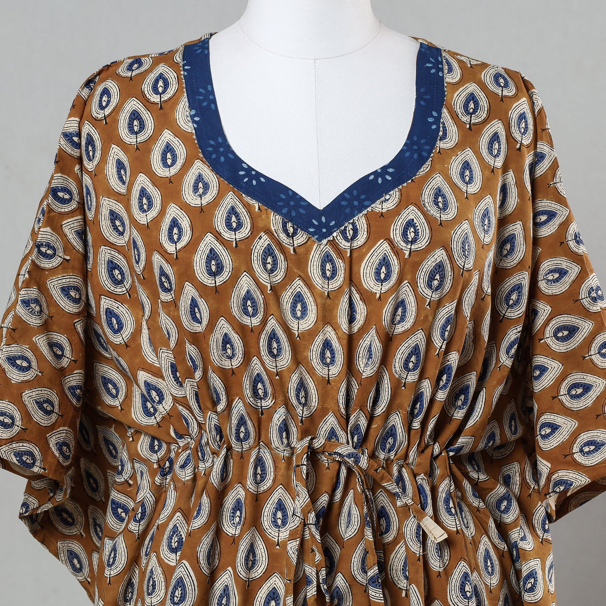 Brown - Bagru Block Printed Cotton Kaftan with Tie-Up Waist (Short)