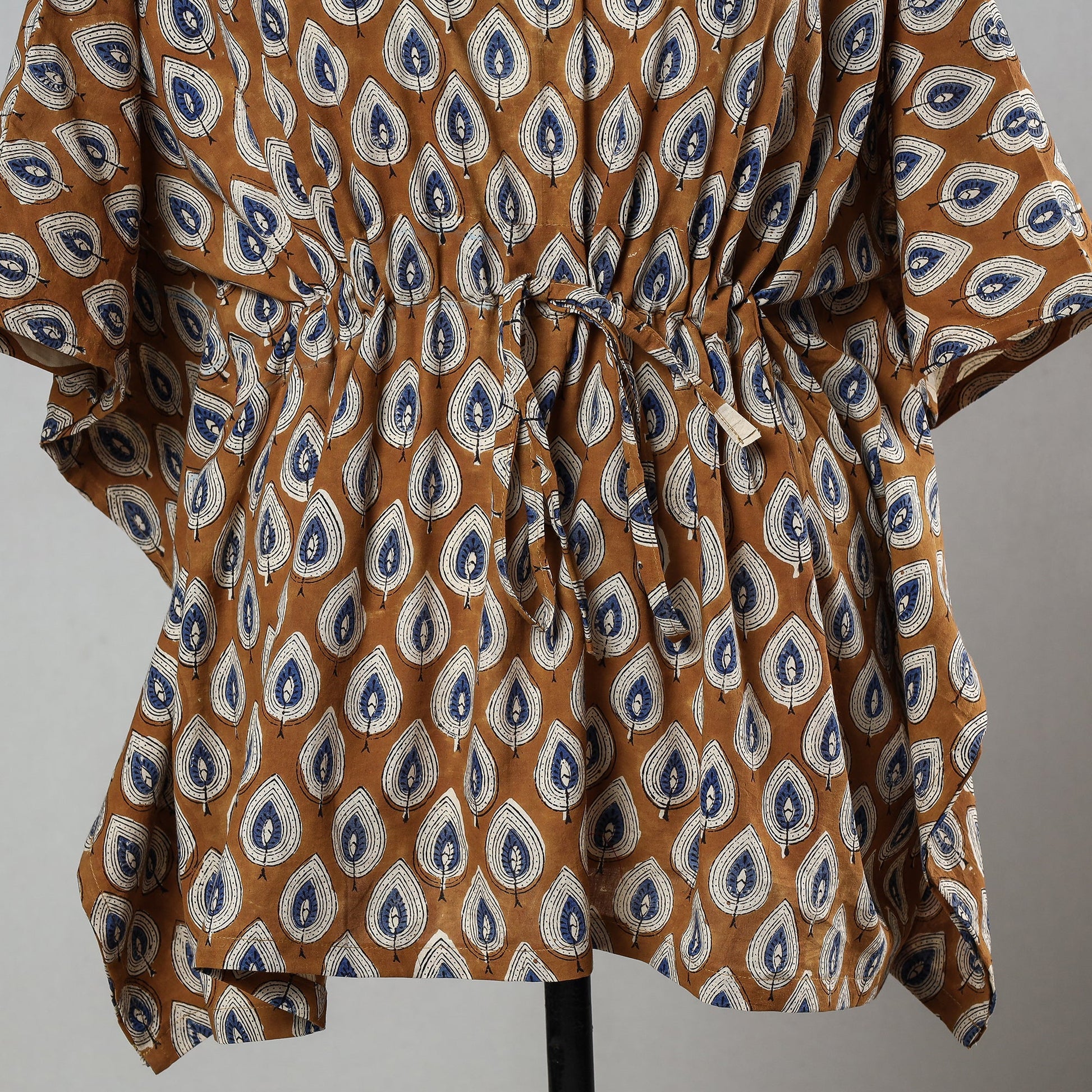 Brown - Bagru Block Printed Cotton Kaftan with Tie-Up Waist (Short)