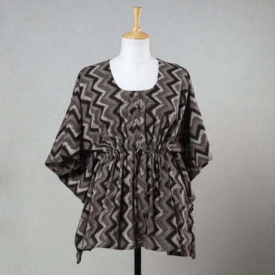 Brown - Bagru Block Print Cotton Kaftan with Tie-Up Waist (Short)
