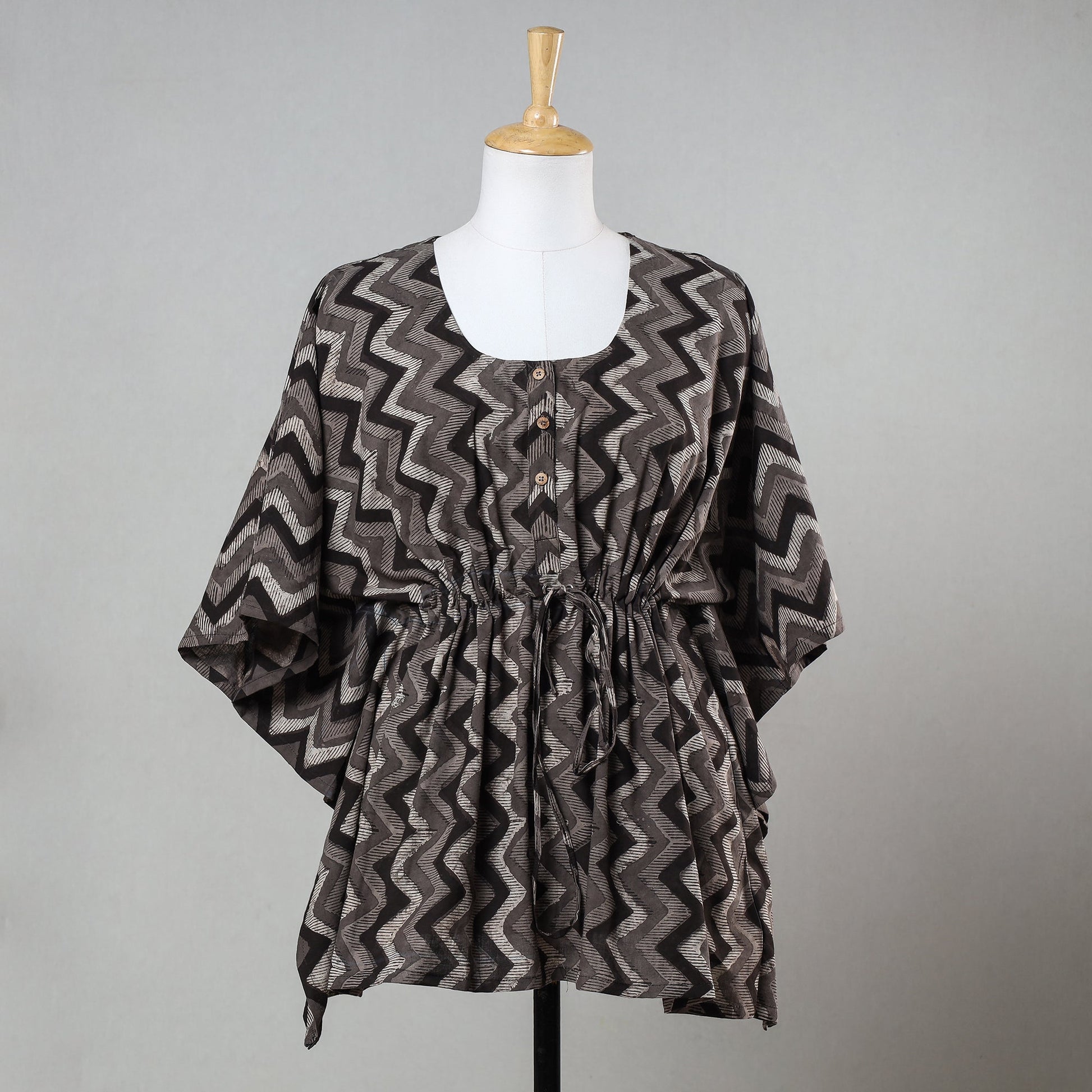 Brown - Bagru Block Print Cotton Kaftan with Tie-Up Waist (Short)