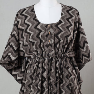 Brown - Bagru Block Print Cotton Kaftan with Tie-Up Waist (Short)