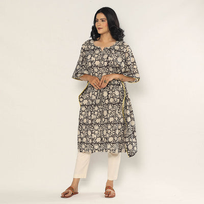 Black - Bagru Dabu Block Printing Cotton Kaftan Dress (Medium)