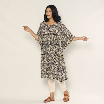 Black - Bagru Dabu Block Printing Cotton Kaftan Dress (Medium)