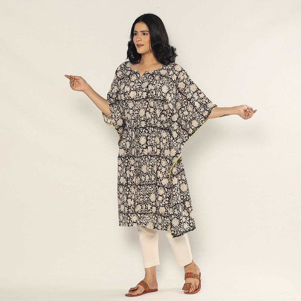 Black - Bagru Dabu Block Printing Cotton Kaftan Dress (Medium)