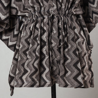 Brown - Bagru Block Print Cotton Kaftan with Tie-Up Waist (Short)