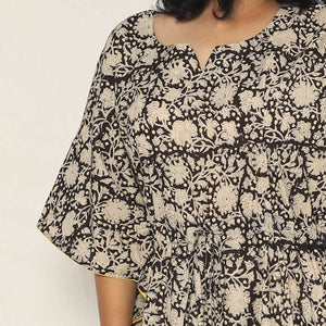 Black - Bagru Dabu Block Printing Cotton Kaftan Dress (Medium)