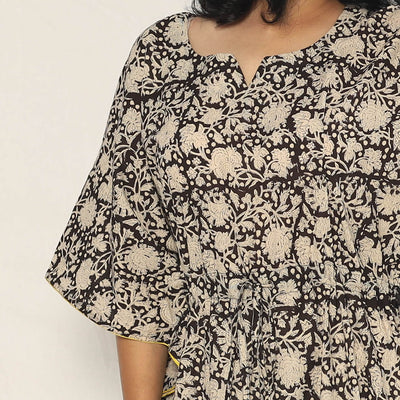 Black - Bagru Dabu Block Printing Cotton Kaftan Dress (Medium)