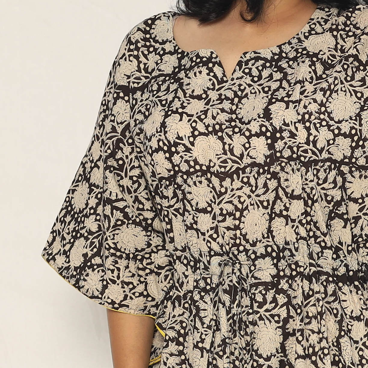 Black - Bagru Dabu Block Printing Cotton Kaftan Dress (Medium)