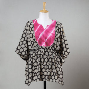 Black - Bagru Block Printed Cotton Kaftan with Tie-Up Waist (Short)