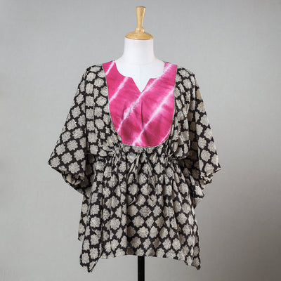 Black - Bagru Block Printed Cotton Kaftan with Tie-Up Waist (Short)