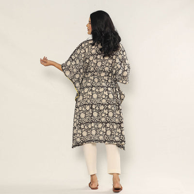 Black - Bagru Dabu Block Printing Cotton Kaftan Dress (Medium)