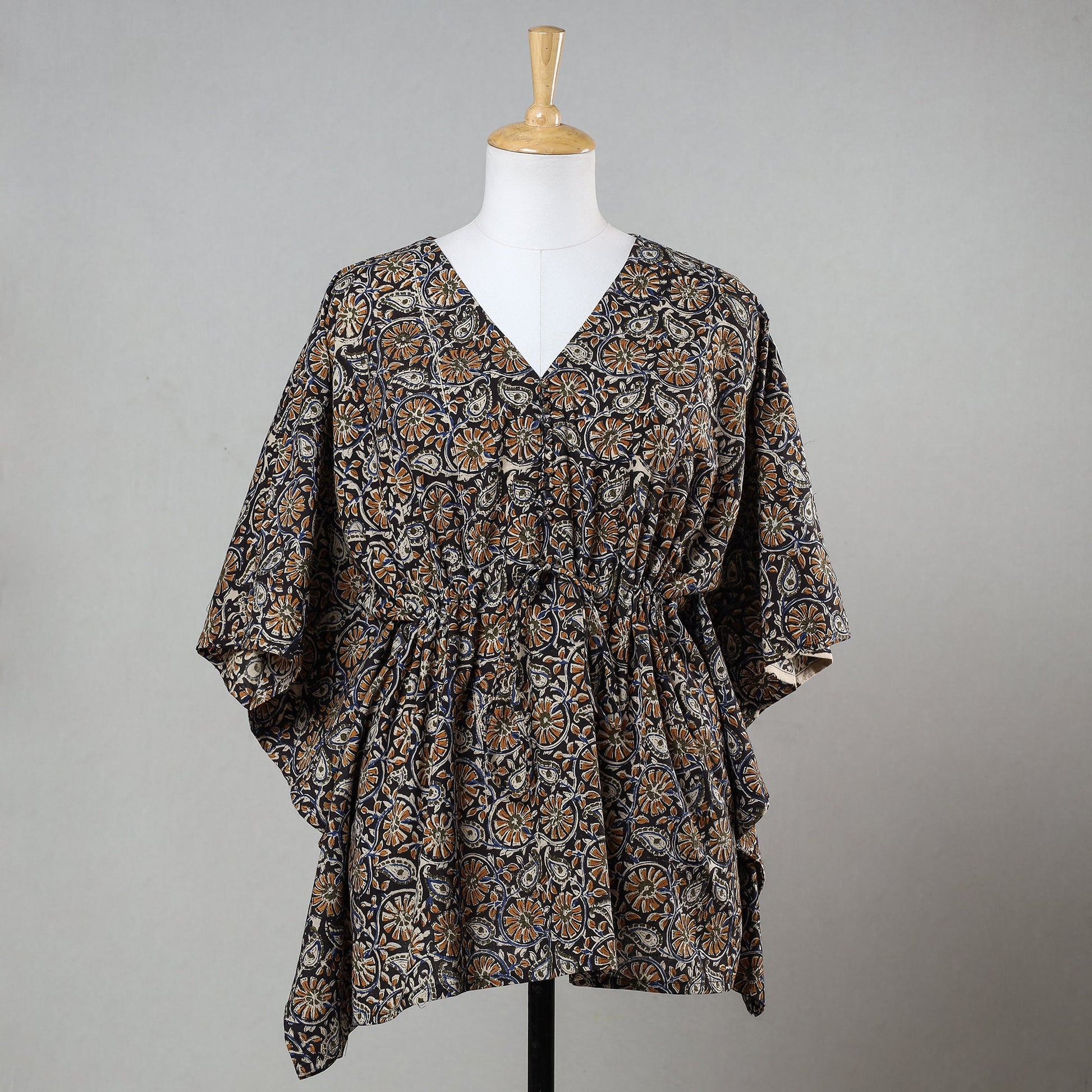 Black - Bagru Block Printed Cotton Kaftan with Tie-Up Waist (Short)