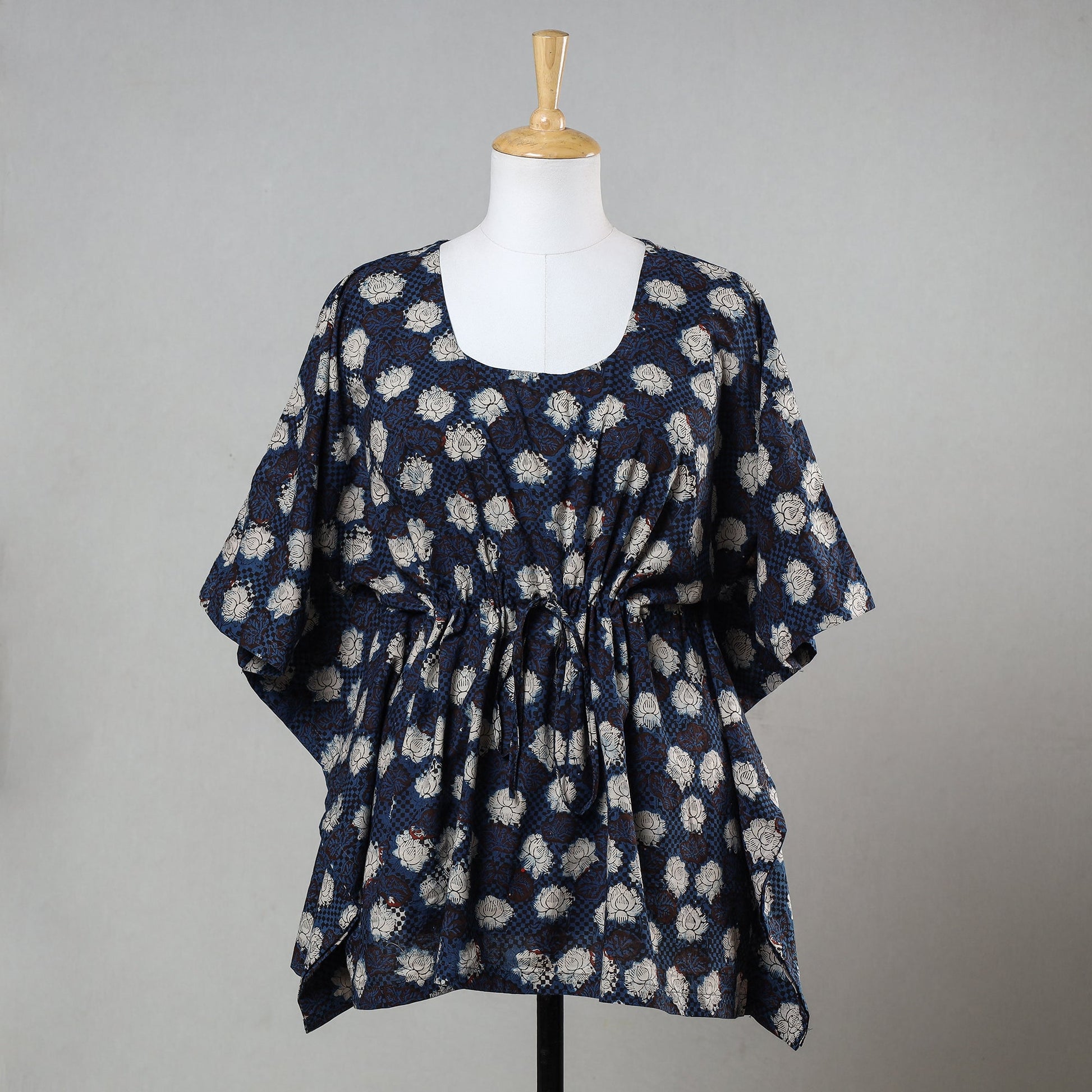 Blue - Bagru Block Printed Cotton Kaftan with Tie-Up Waist (Short)